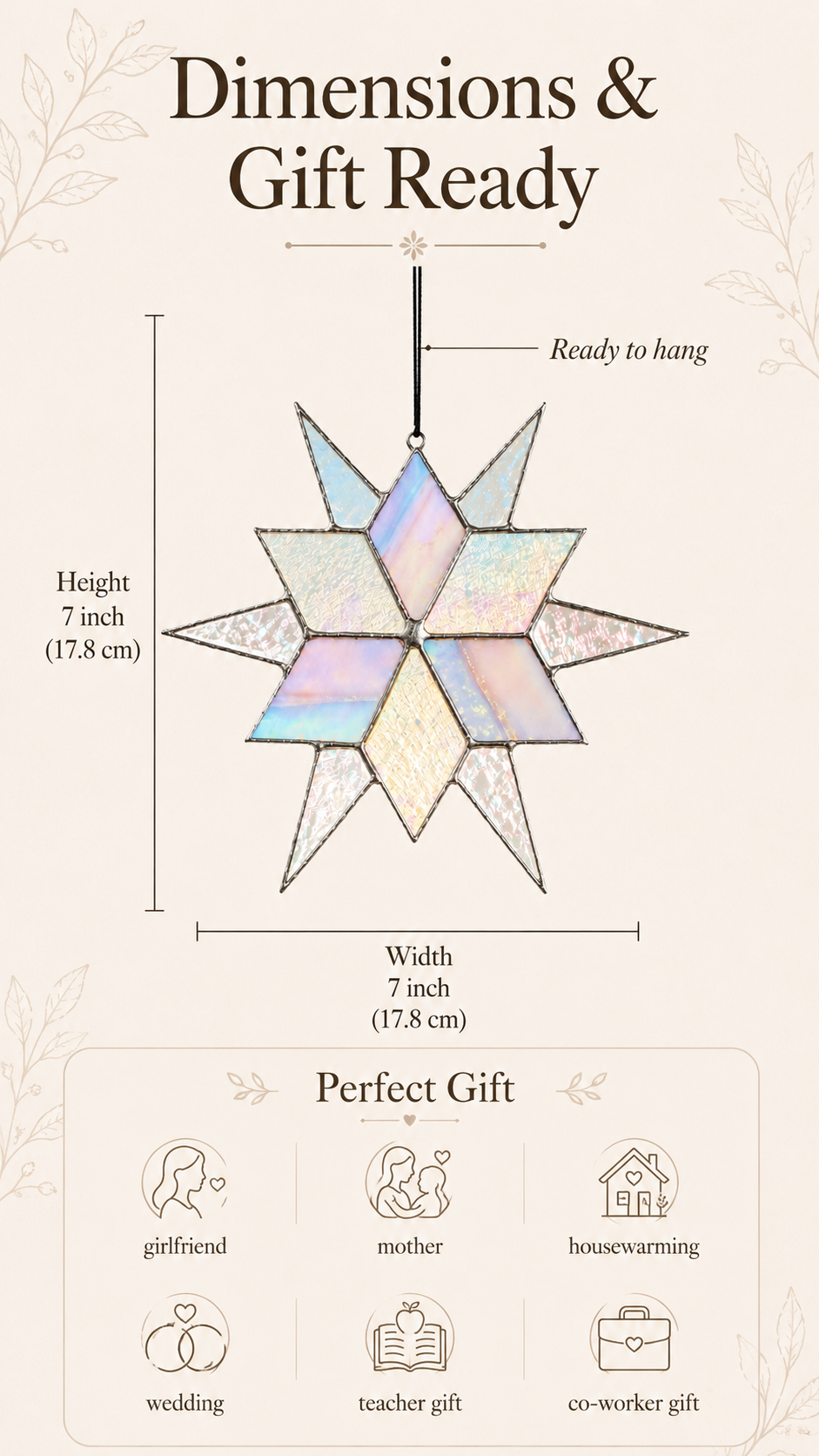 Stained Glass Sirius Star Suncatcher Handmade White and Ice Iridescent Glass Home Window Decor