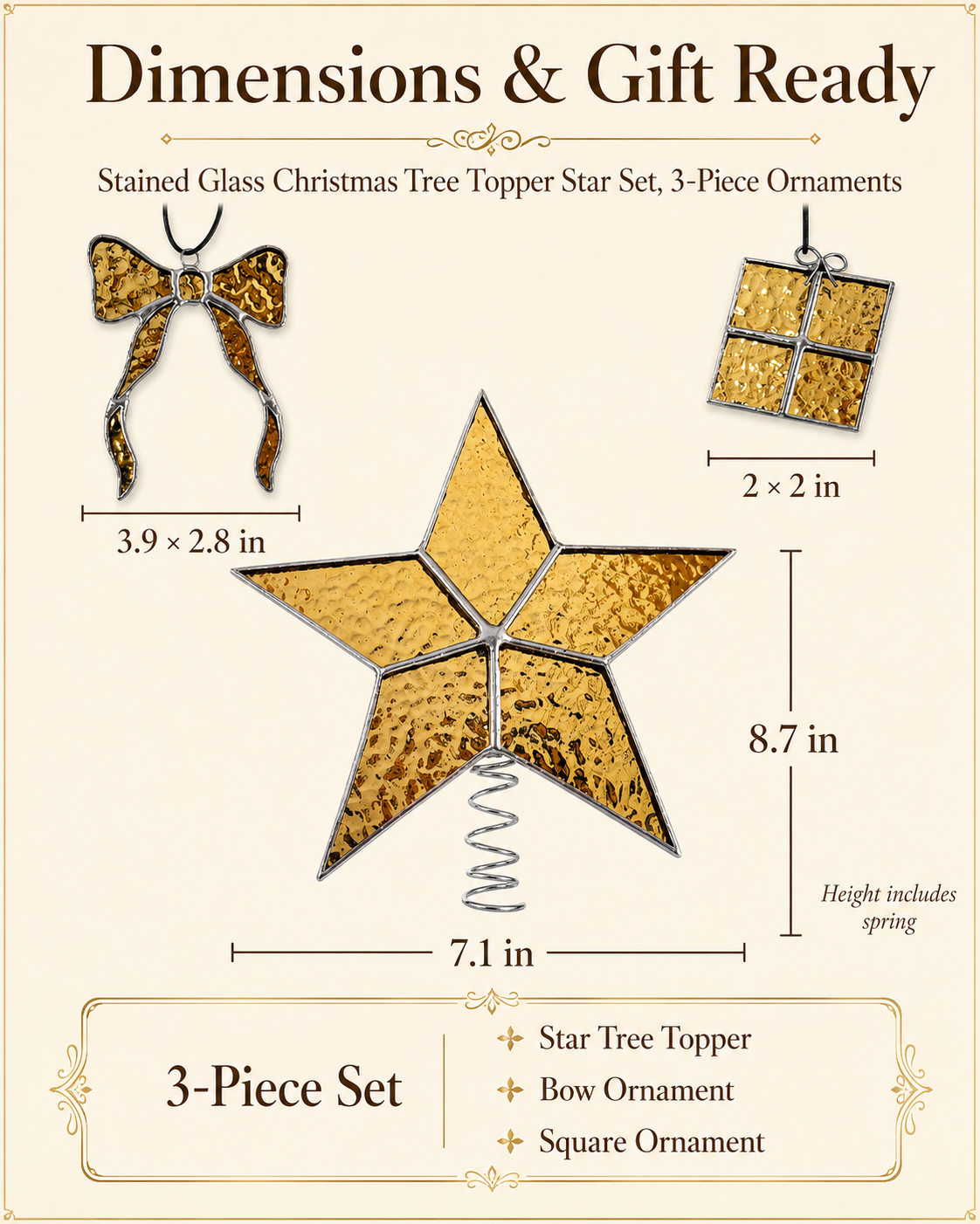 Christmas Tree Topper Star Set Stained Glass , 3-Piece Ornaments, Handmade Xmas Decor, Holiday Decorations