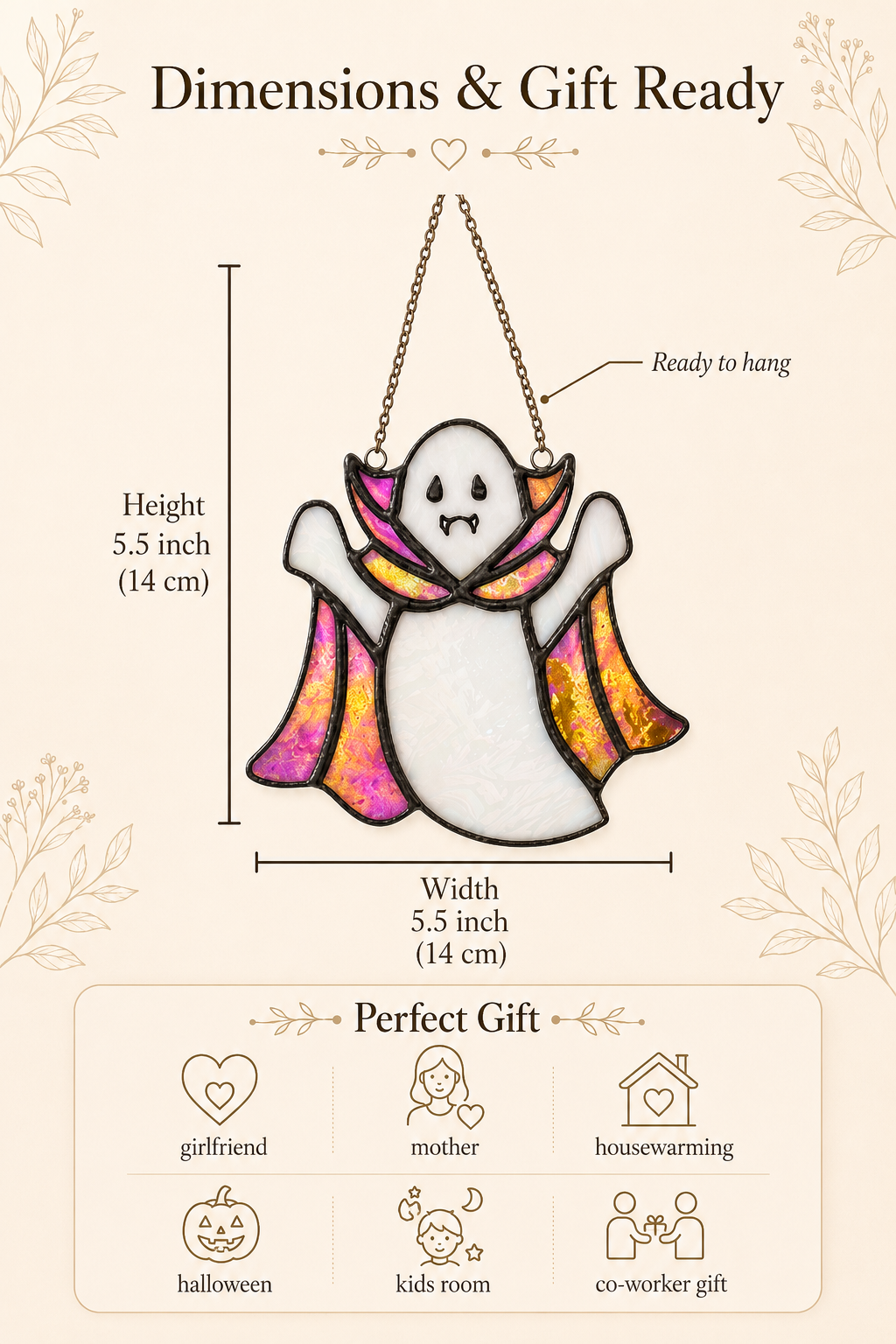 Ghost Suncatcher Handmade Stained Glass: Iridescent Cape Window Decoration