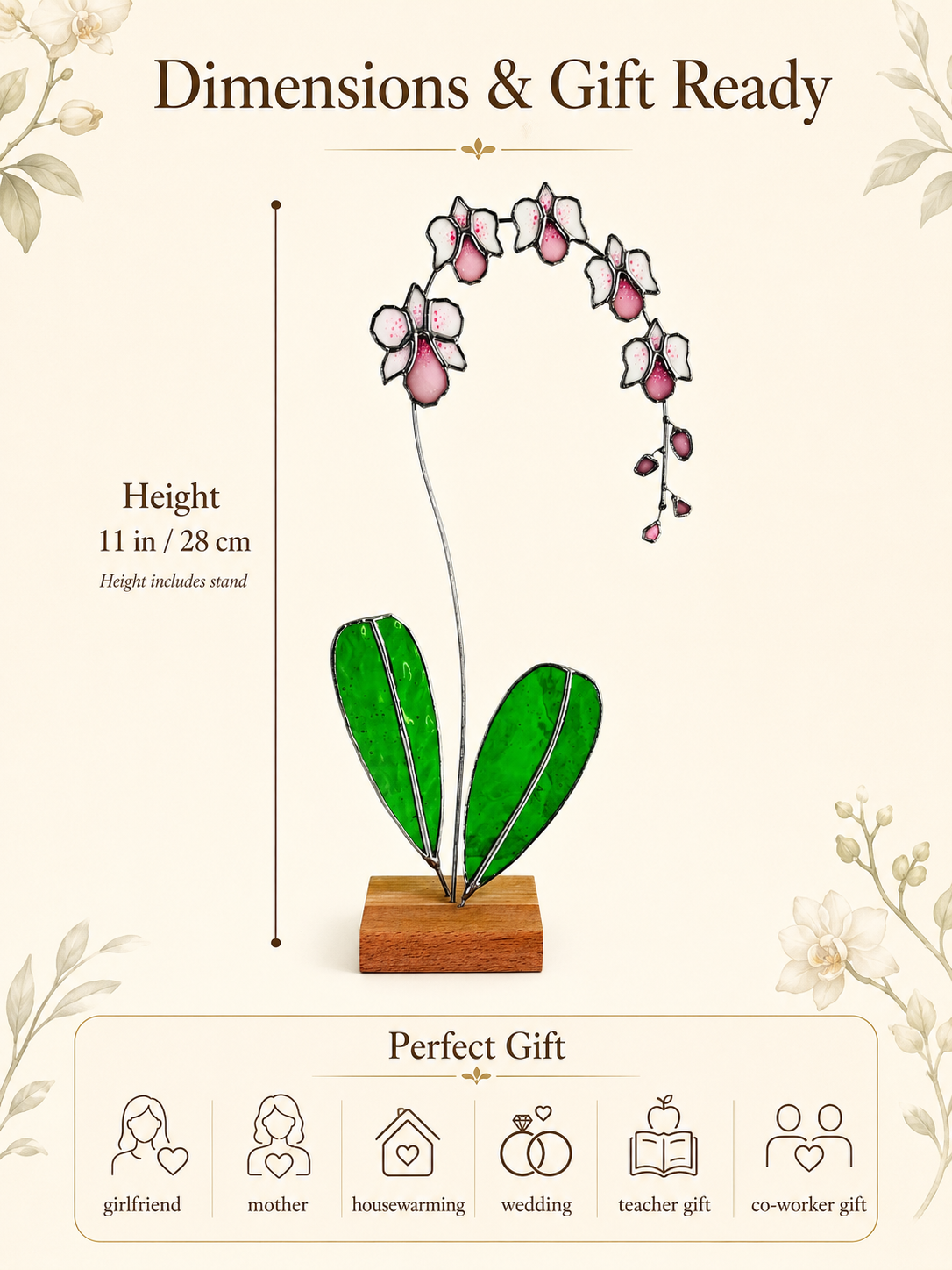 Stained Glass Orchid Suncatcher with stand: Handcrafted Floral Table Decor Flower Gift for Her