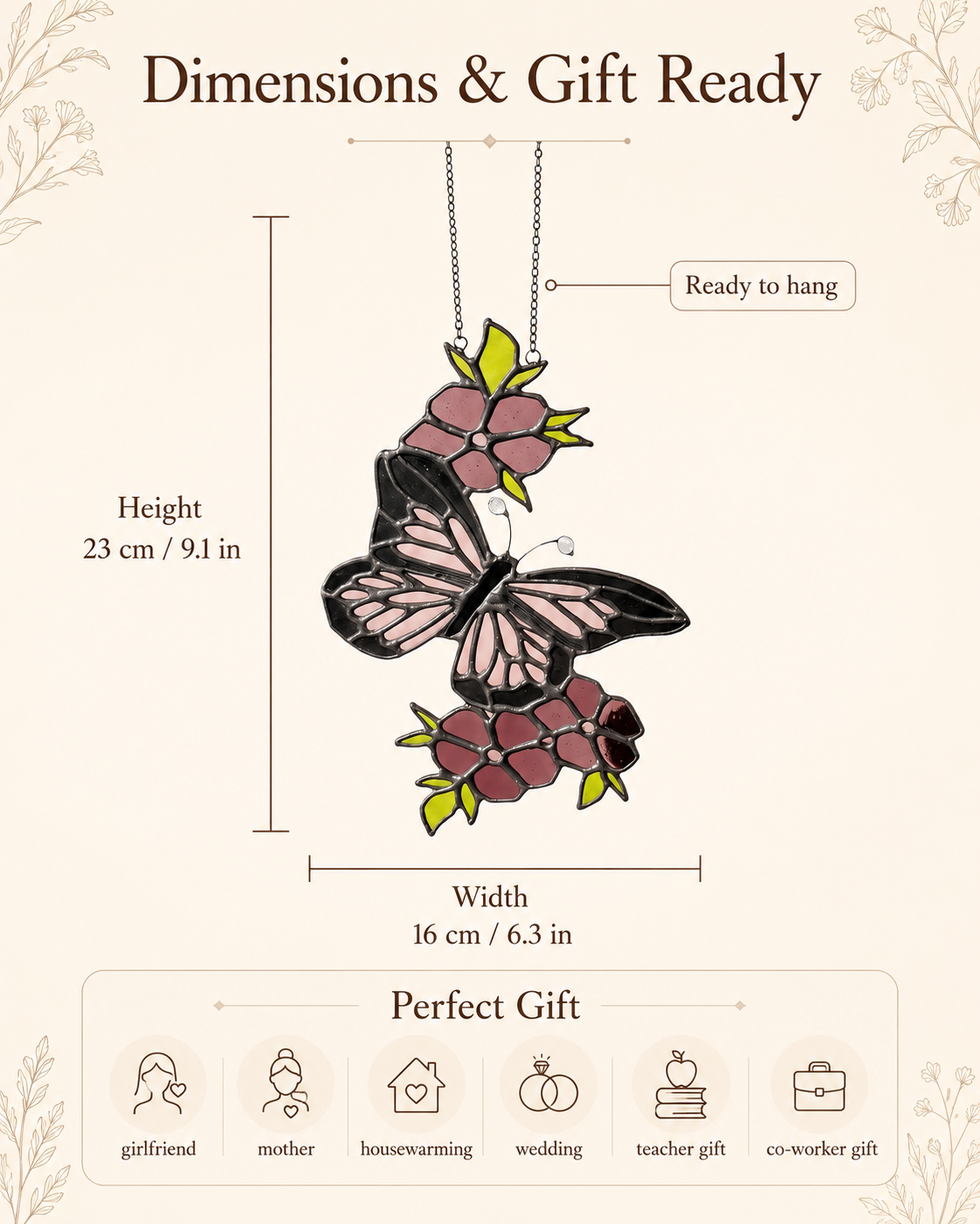 Butterfly Suncatcher Handmade Stained Glass, Pink Wings, Floral Art, Window Hanging Home Decor