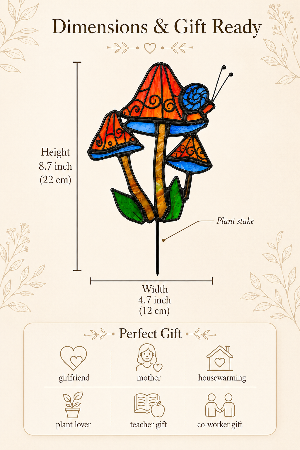 Stained Glass Plant Stake – Mushroom & Snail Garden Decor