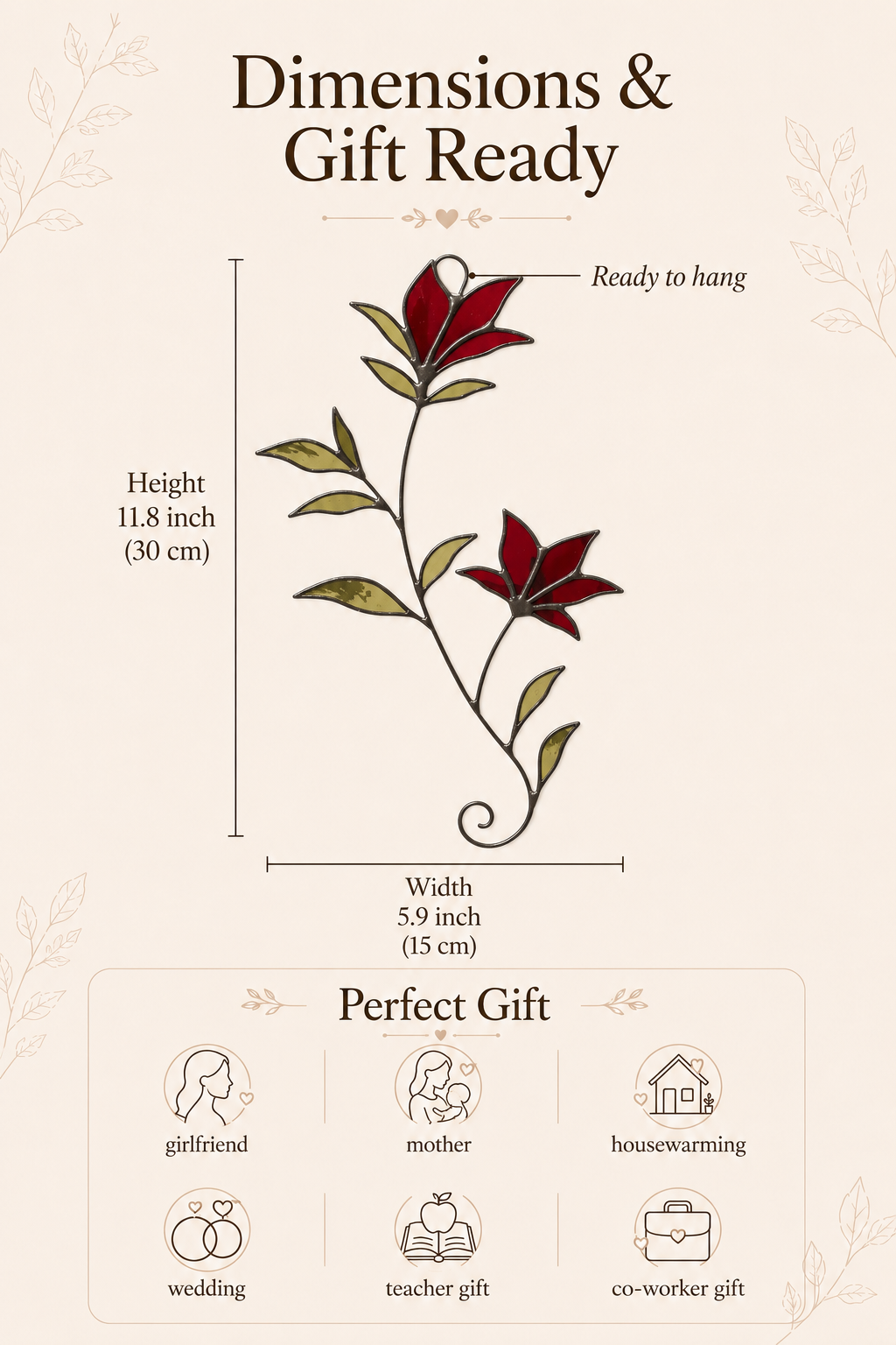 Floral Branch Suncatcher Handmade Stained Glass, Red Flower Wall Hanging, Botanical Glass Art