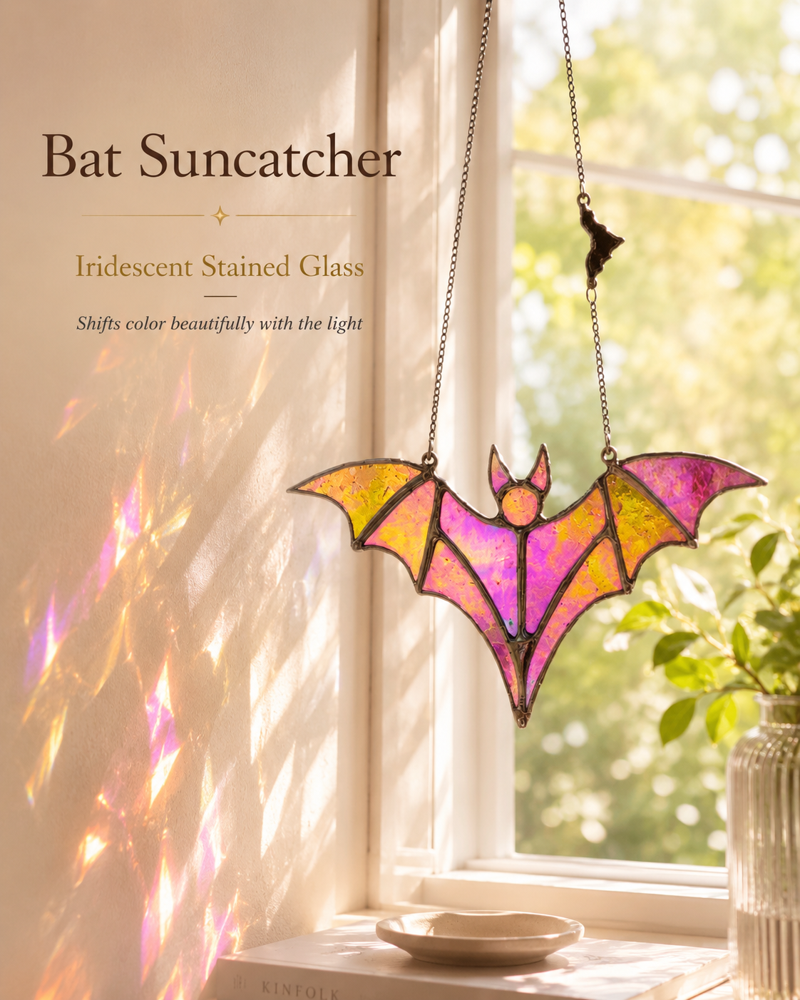 Bat Suncatcher Iridescent Stained Glass: Halloween Decor