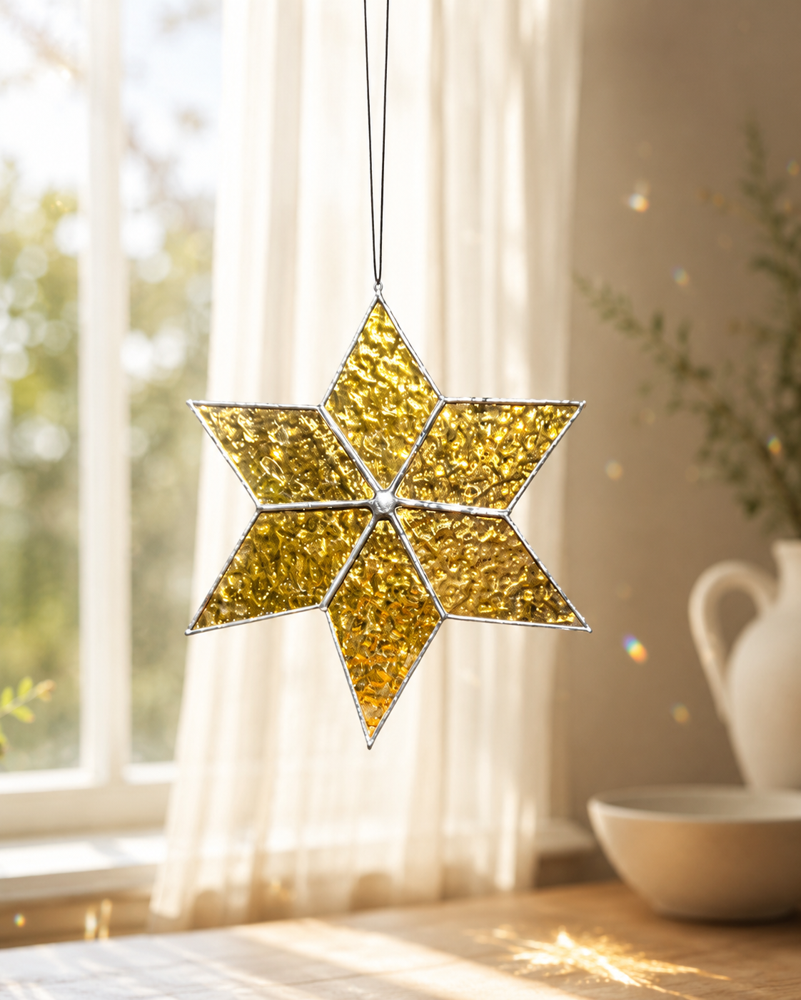 Stained Glass Sirius Star Suncatcher Handmade Golden Iridescent Glass, Home Decor Window Gift
