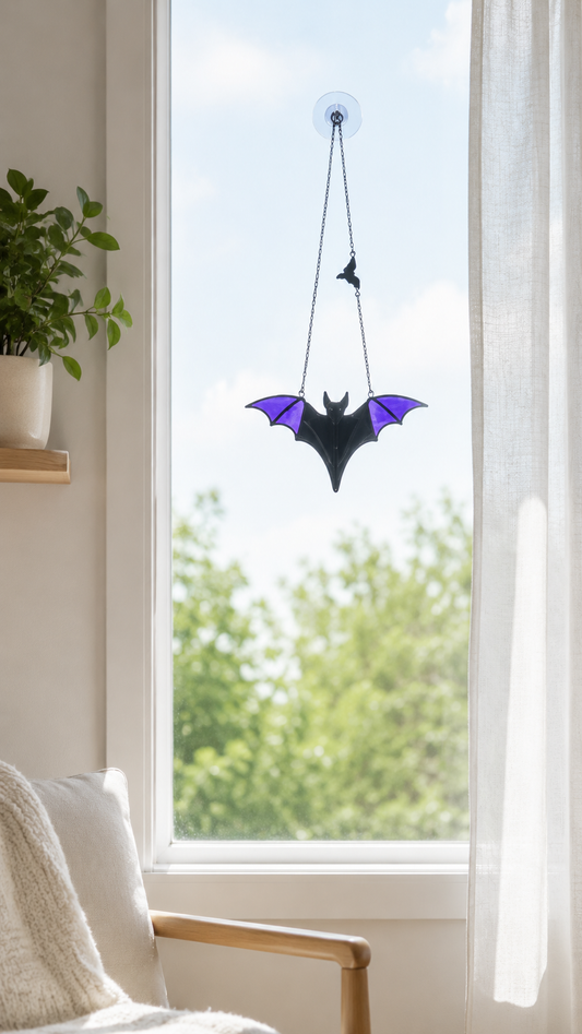 Bat Suncatcher Stained Glass, Purple Black: Halloween Decor