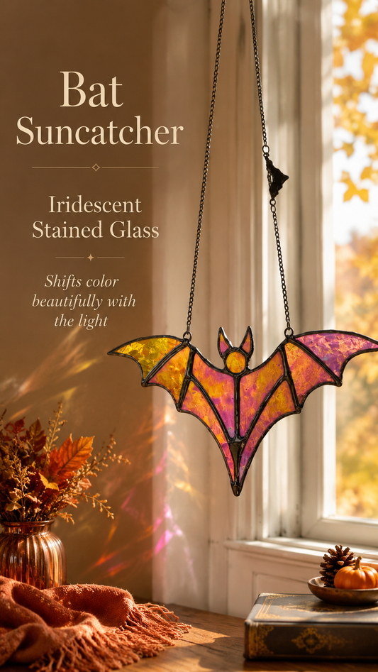 Bat Suncatcher Iridescent Stained Glass: Halloween Decor