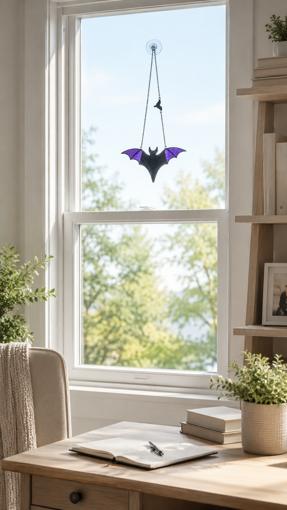 Bat Suncatcher Stained Glass, Purple Black: Halloween Decor
