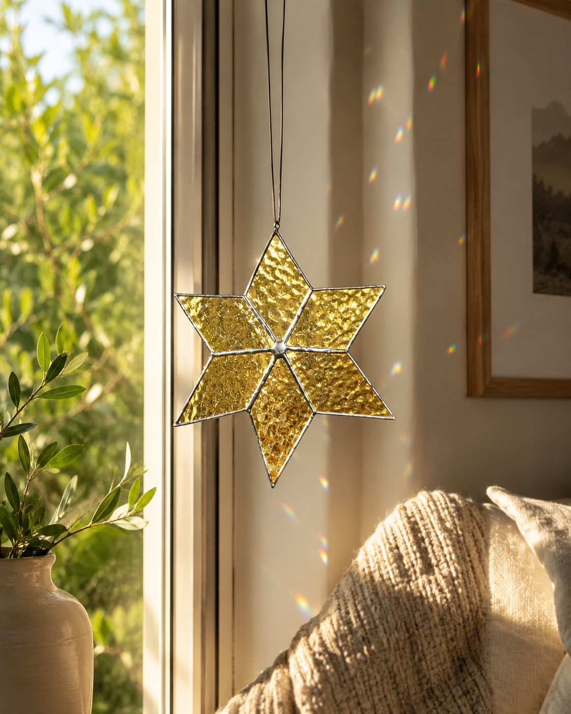 Stained Glass Sirius Star Suncatcher Handmade Golden Iridescent Glass, Home Decor Window Gift