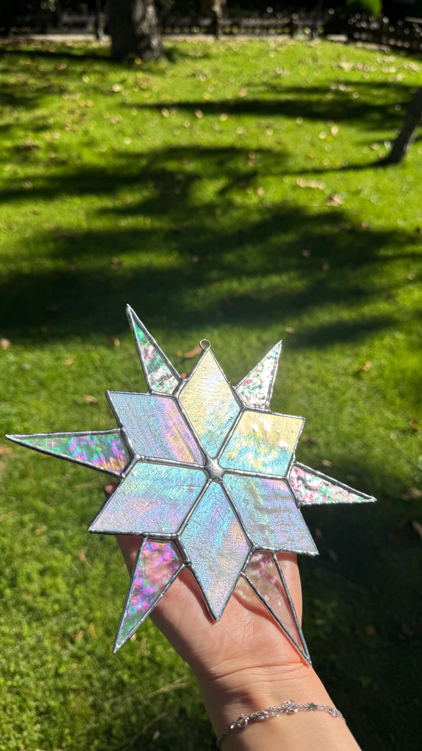 Stained Glass Sirius Star Suncatcher Handmade White Iridescent Glass, Home Window Decor Gift