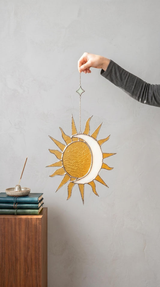 Sun and Moon Stained Glass Suncatcher: Handcrafted Celestial Day Night Window Hanging Mystic Decor