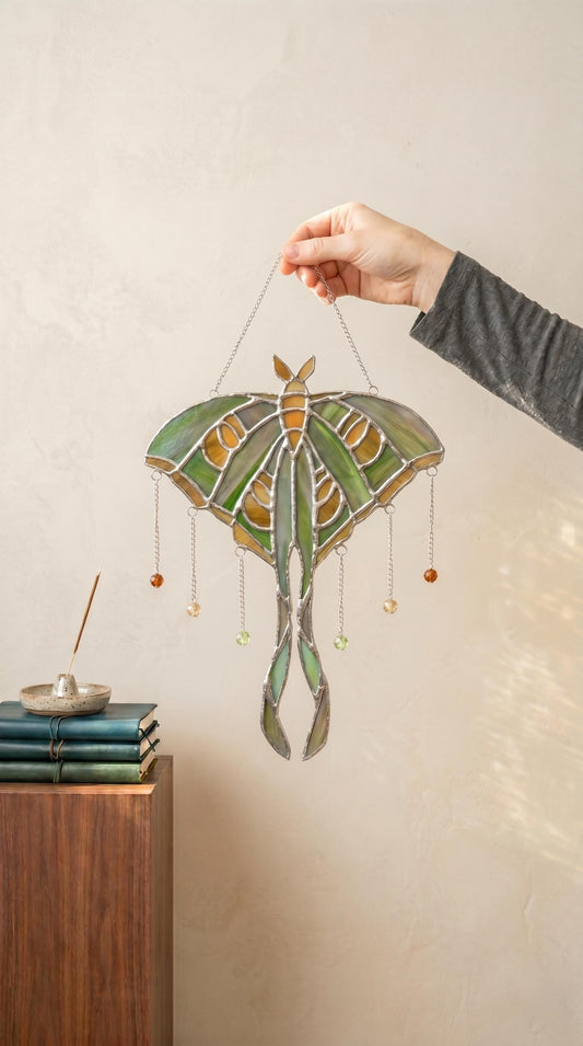 Luna Moth Stained Glass Suncatcher: Green Insect Window Hanging, Witchy Boho Wall Art Decor