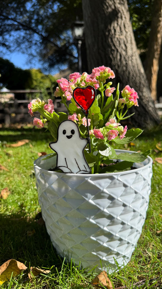 Handmade Stained Glass Ghost Plant Stake: Halloween Pot Decor