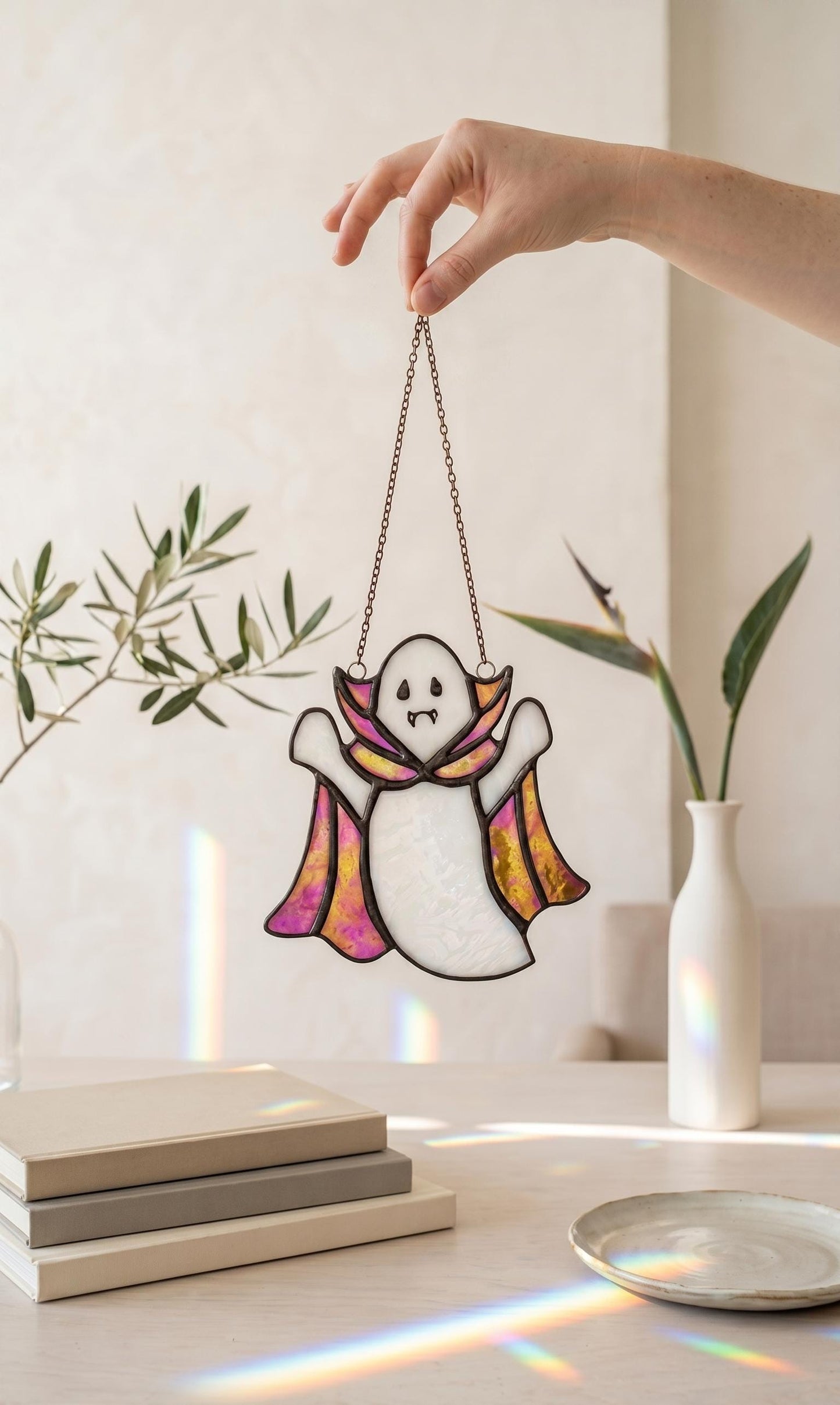 Stained Glass Ghost Suncatcher: Iridescent Cape Window Decoration