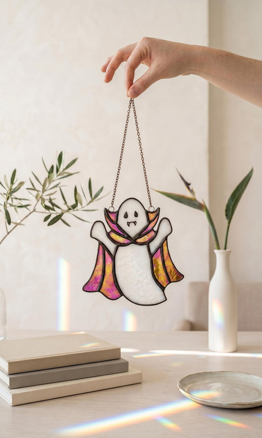 Stained Glass Ghost Suncatcher: Iridescent Cape Window Decoration