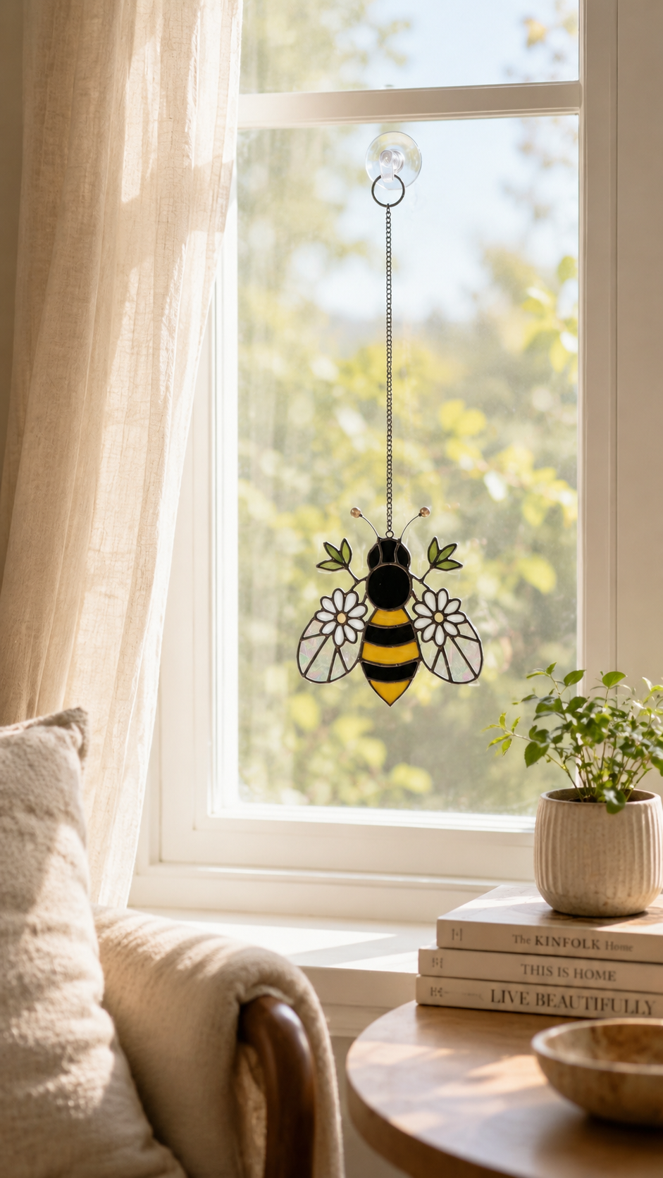 Bumblebee Stained Glass Suncatcher with Flowers: Iridescent Bee Window Hanging, Nature Art