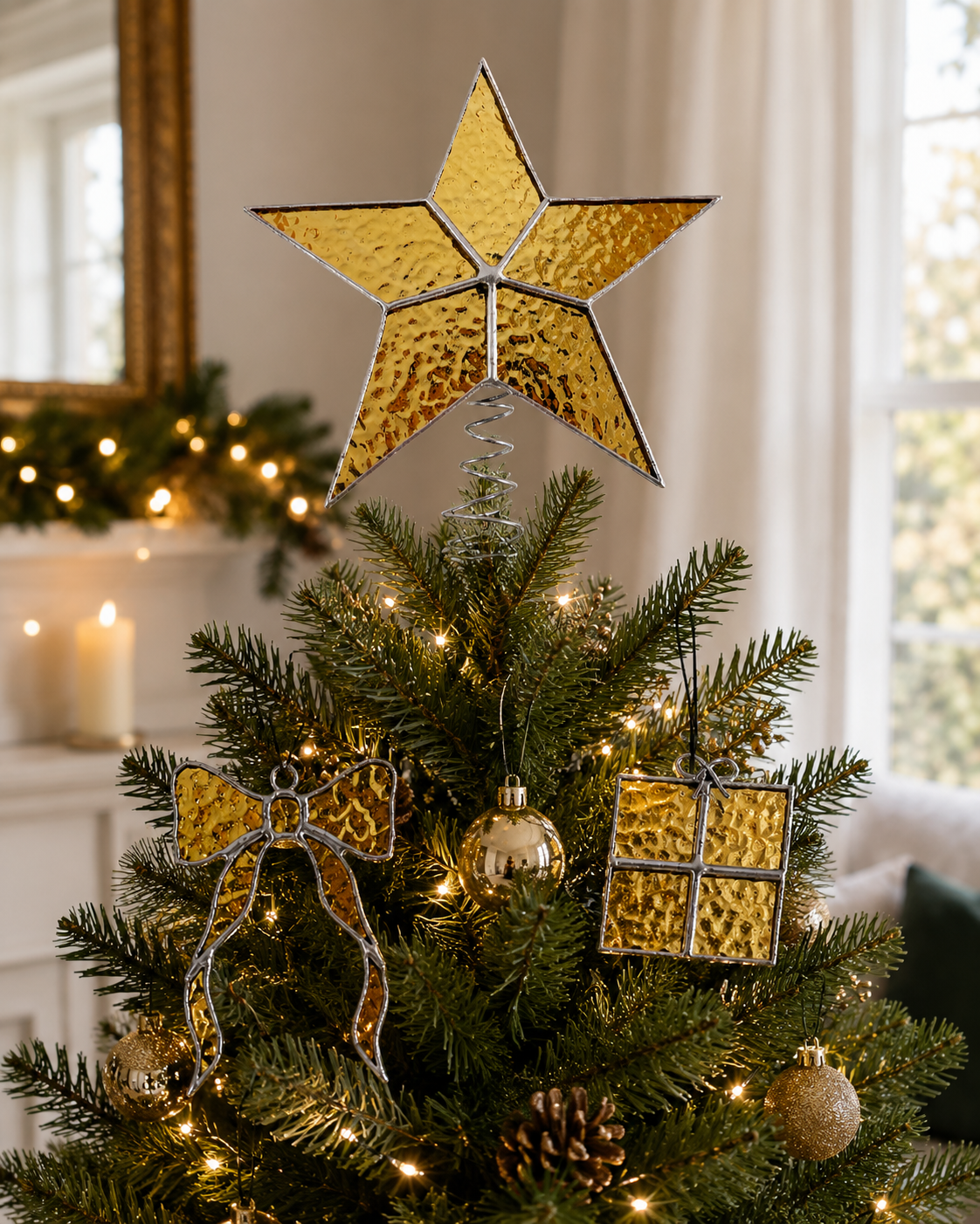 Christmas Tree Topper Star Set Stained Glass , 3-Piece Ornaments, Handmade Xmas Decor, Holiday Decorations