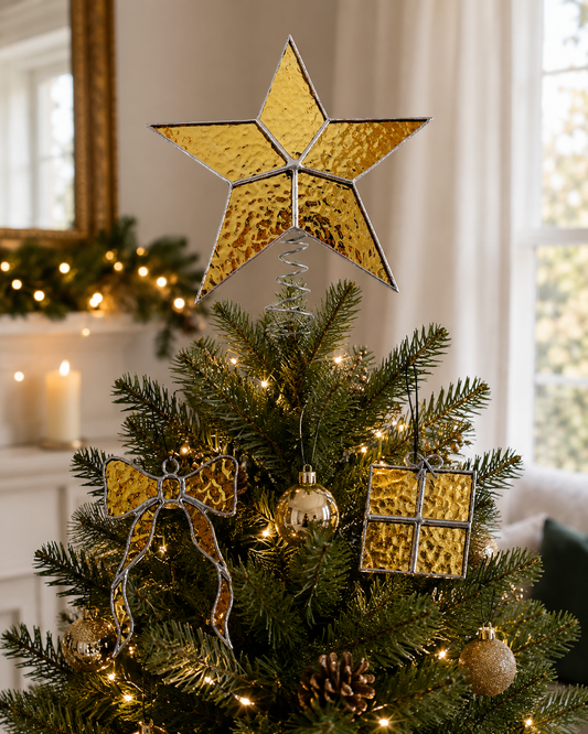 Christmas Tree Topper Star Set Stained Glass , 3-Piece Ornaments, Handmade Xmas Decor, Holiday Decorations