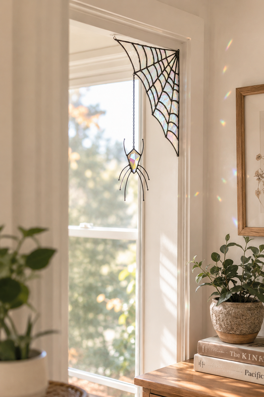 Spider Web Stained Glass Suncatcher: Corner Window Hanging, Gothic Halloween Spider Prism Art
