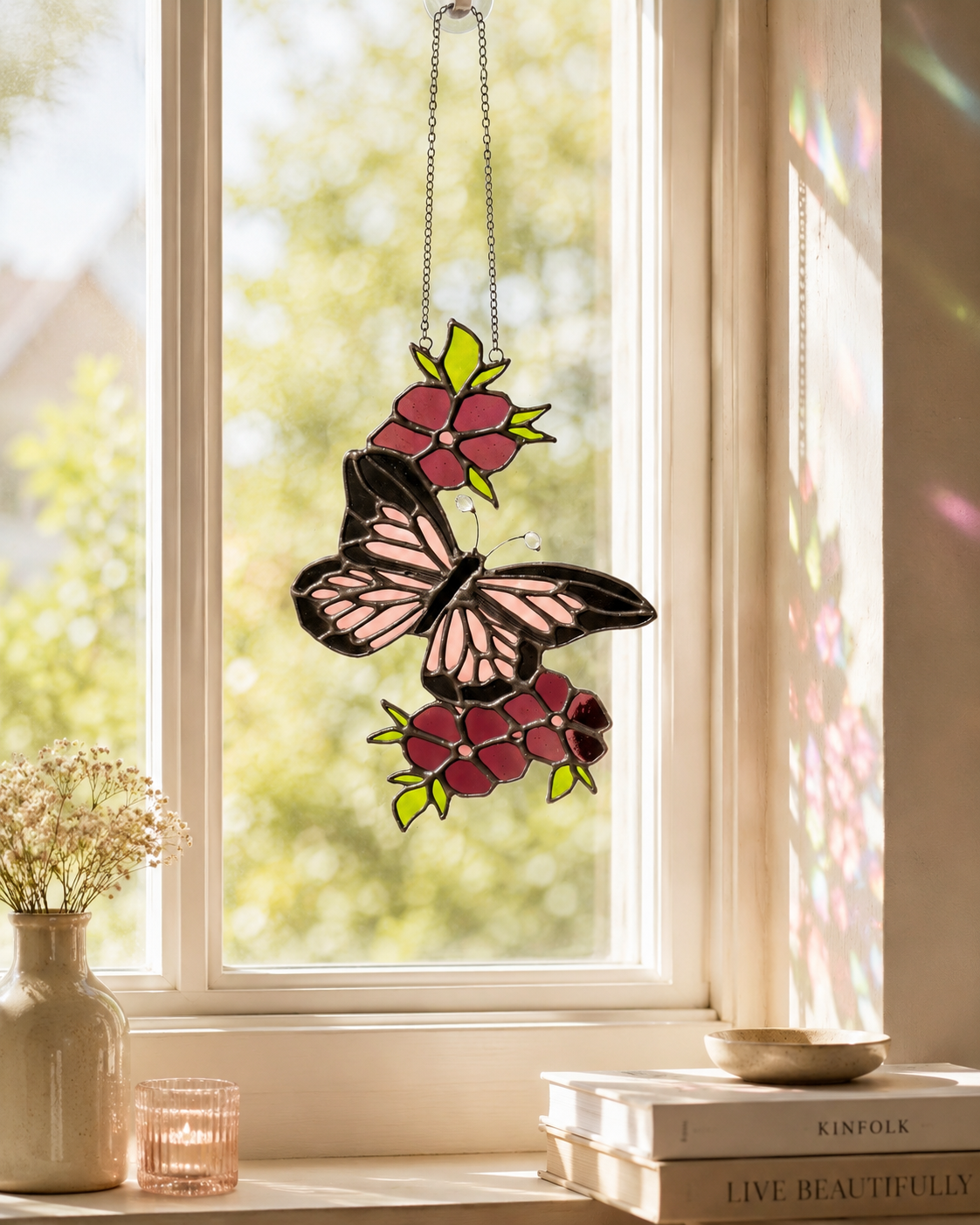 Butterfly Suncatcher Handmade Stained Glass, Pink Wings, Floral Art, Window Hanging Home Decor