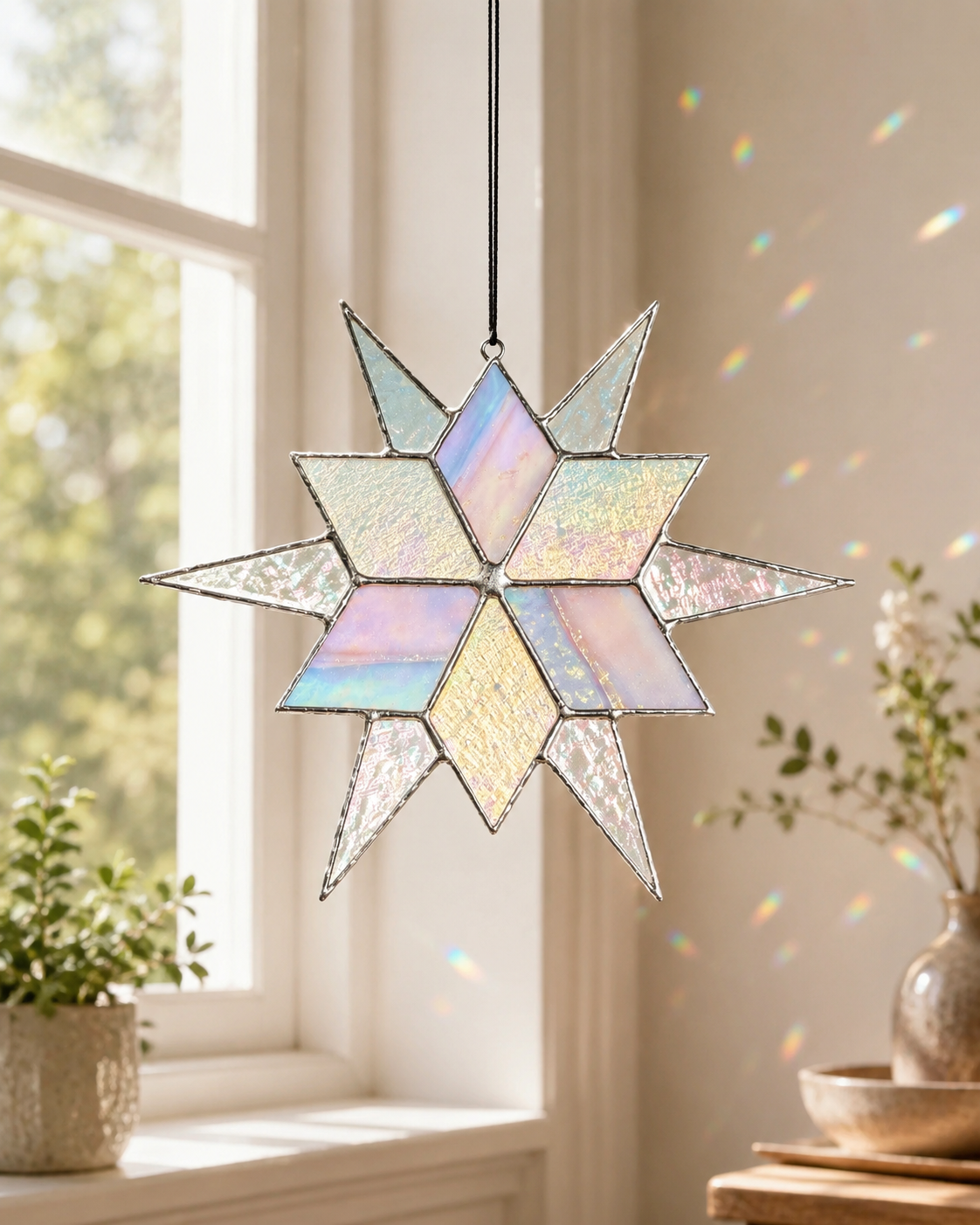 Stained Glass Sirius Star Suncatcher Handmade White and Ice Iridescent Glass Home Window Decor