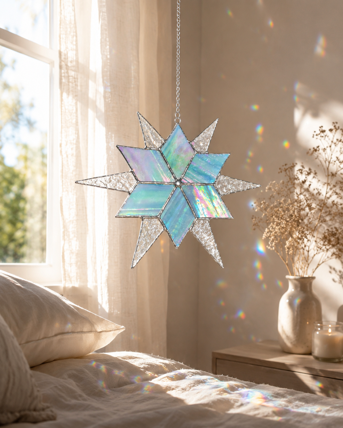 Stained Glass Sirius Star Suncatcher Handmade Ice Iridescent Glass Home Window Decor