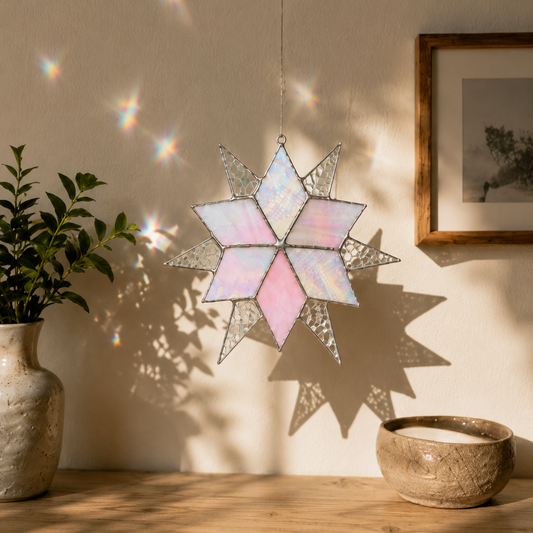 Stained Glass Sirius Star Suncatcher Handmade Pink and White Iridescent Glass Home Window Decor