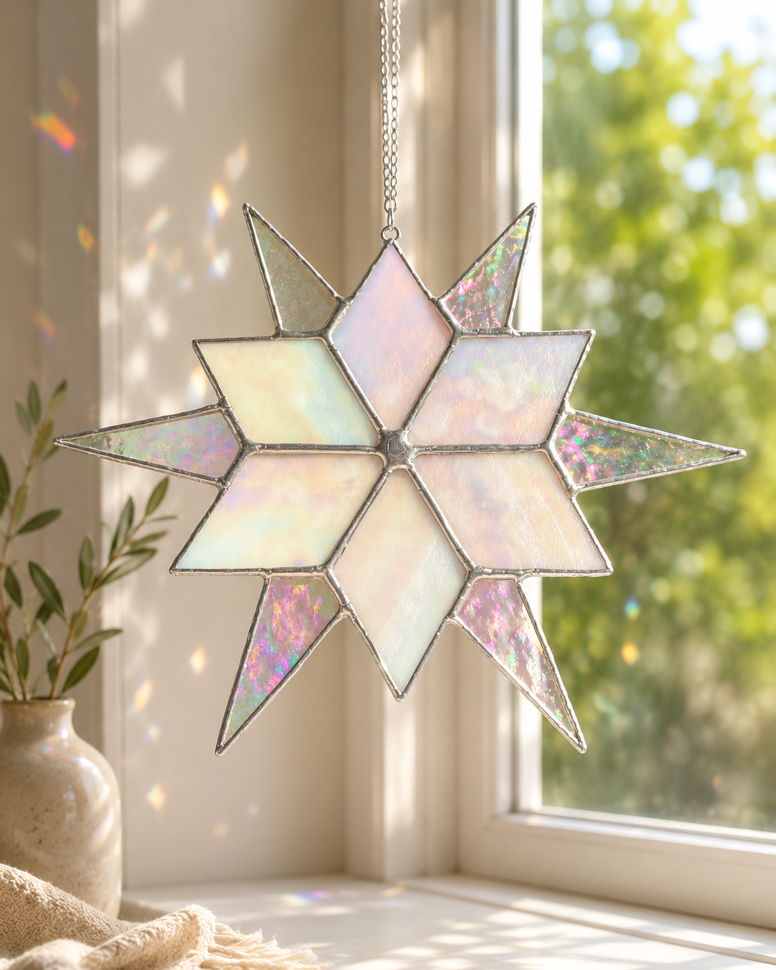 Sirius Star Suncatcher Handmade Stained Glass  White Iridescent Glass, Home Window Decor Gift