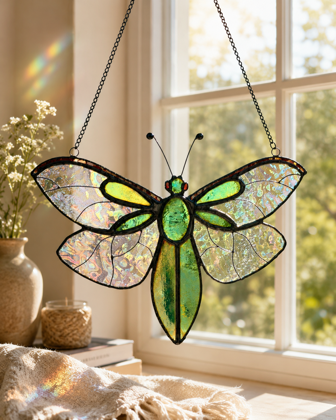 Fly Suncatcher Handmade Stained Glass  Iridescent Green Insect Window Decor