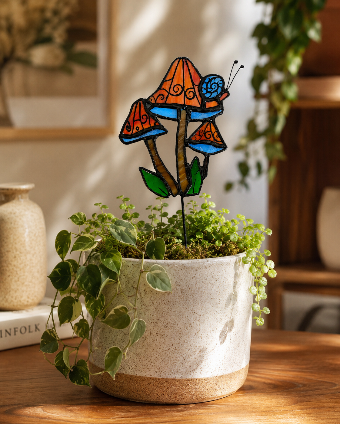 Stained Glass Plant Stake – Mushroom & Snail Garden Decor