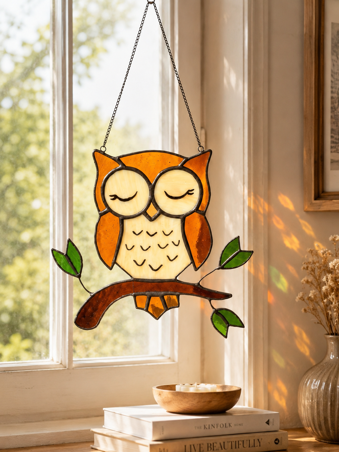Stained Glass Owl Suncatcher: Handmade Window Hanging Home Decor, Christmas Gift