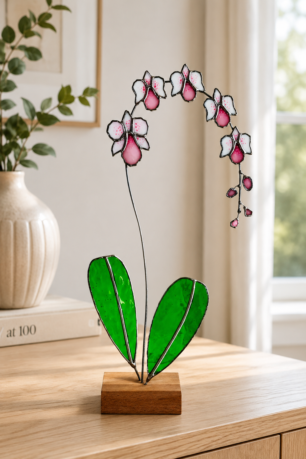 Stained Glass Orchid Suncatcher with stand: Handcrafted Floral Table Decor Flower Gift for Her