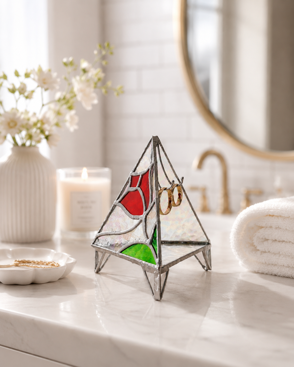 Wedding Ring Holder Stained Glass Dish: Handmade Triangle Wedding Decor