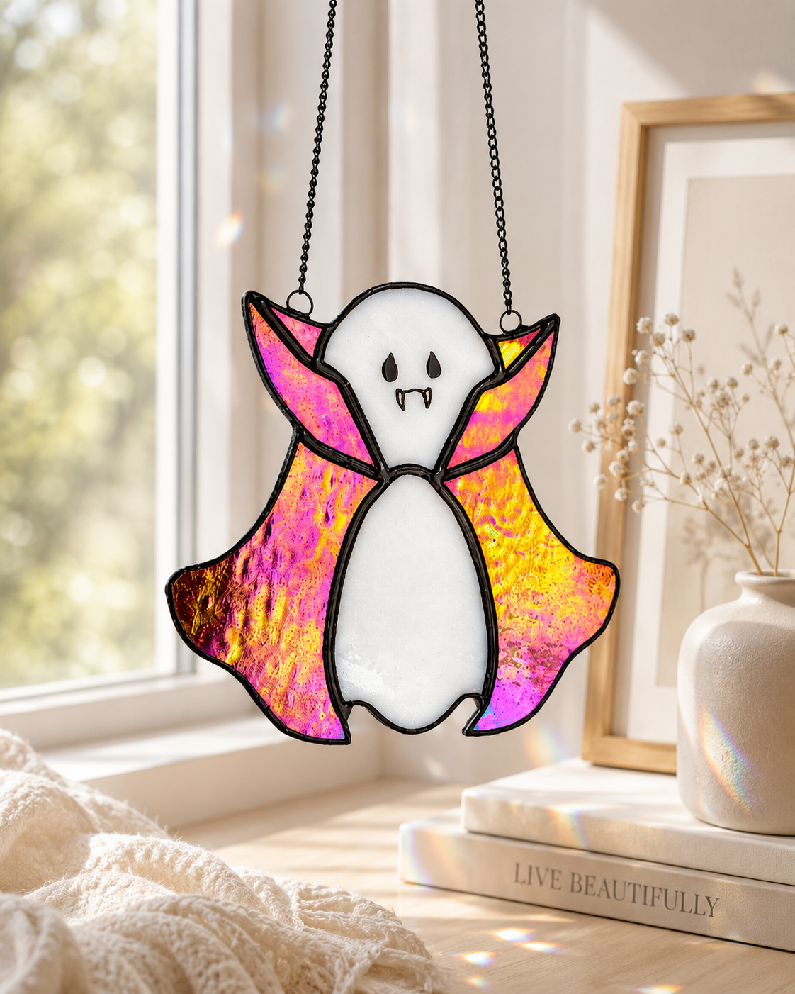 Ghost Suncatcher Handmade Stained Glass : Iridescent Cape Window Decoration