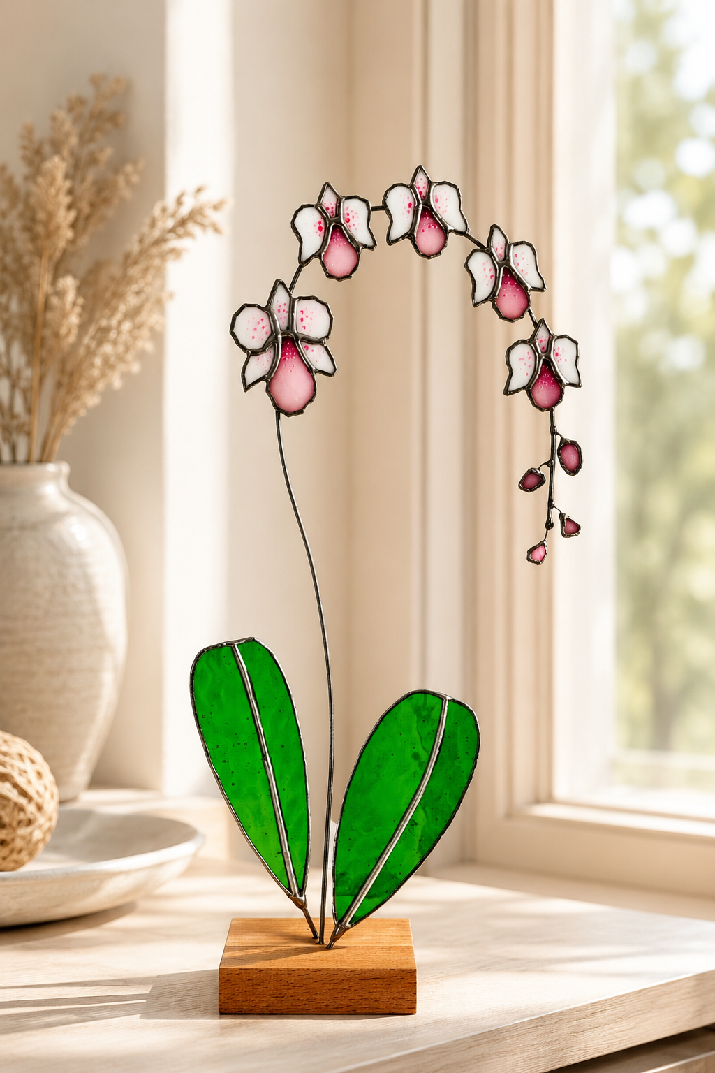Stained Glass Orchid Suncatcher with stand: Handcrafted Floral Table Decor Flower Gift for Her
