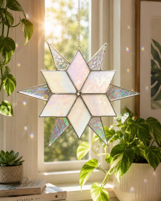 Sirius Star Suncatcher Handmade Stained Glass  White Iridescent Glass, Home Window Decor Gift