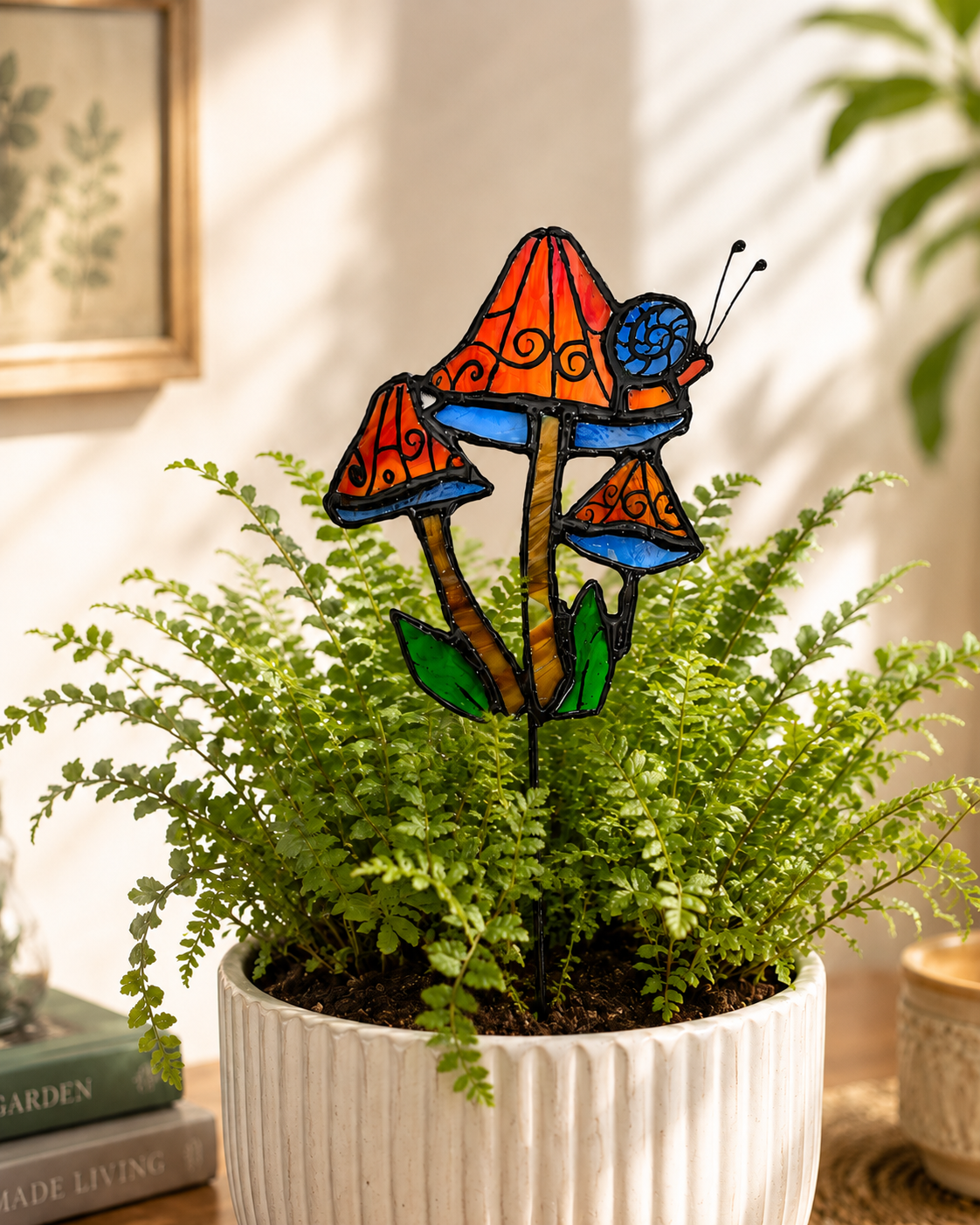Stained Glass Plant Stake – Mushroom & Snail Garden Decor