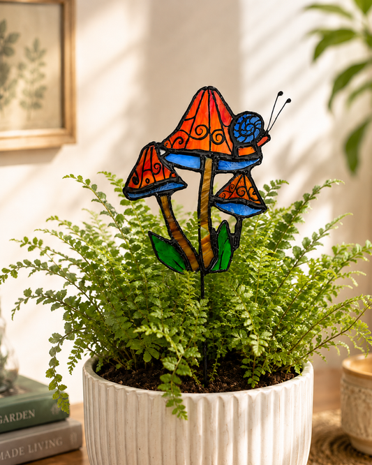 Stained Glass Plant Stake – Mushroom & Snail Garden Decor