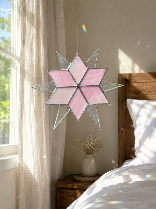 Stained Glass Star Suncatcher, Pink Iridescent Glass Ornament, Home Window Decor
