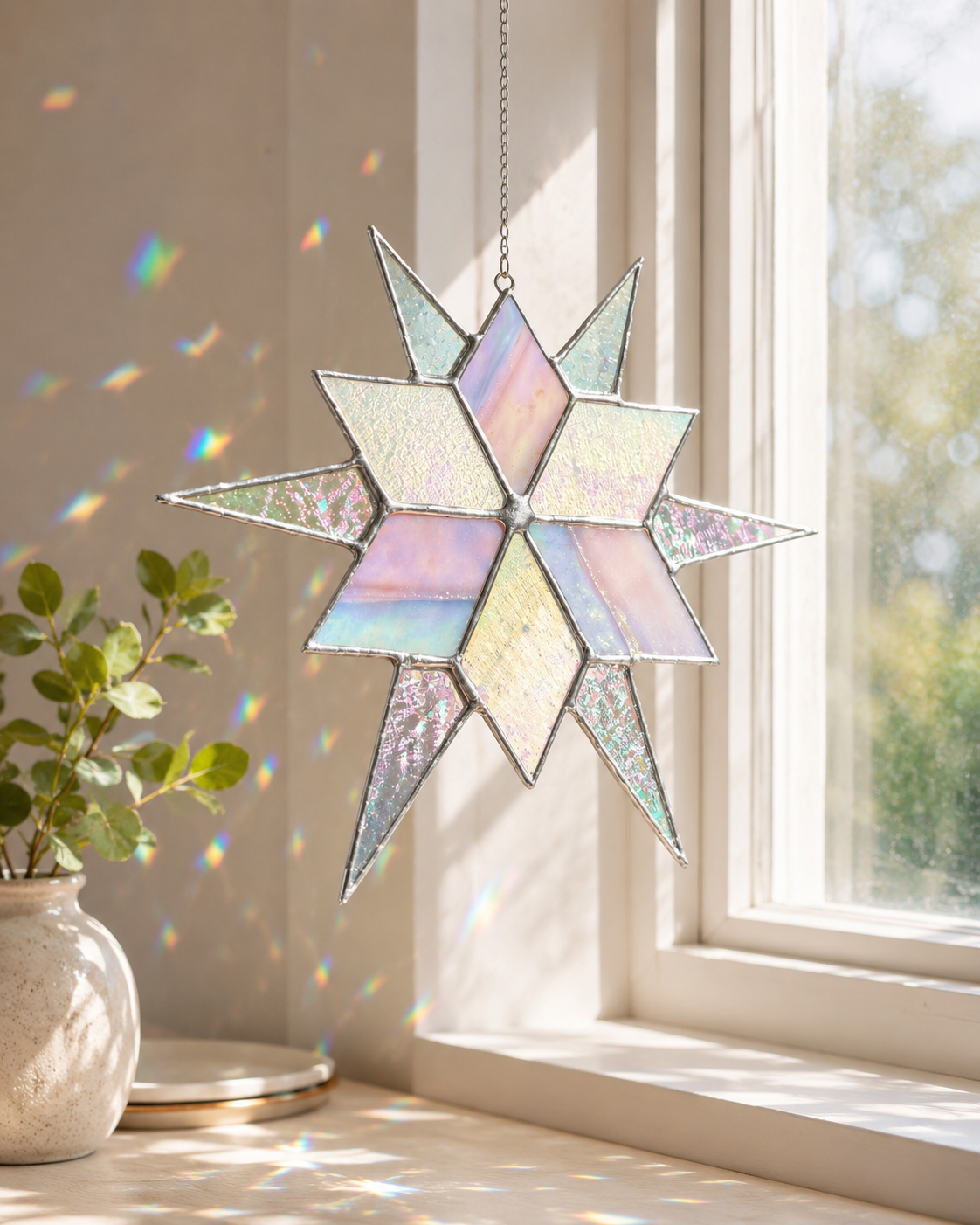 Stained Glass Sirius Star Suncatcher Handmade White and Ice Iridescent Glass Home Window Decor