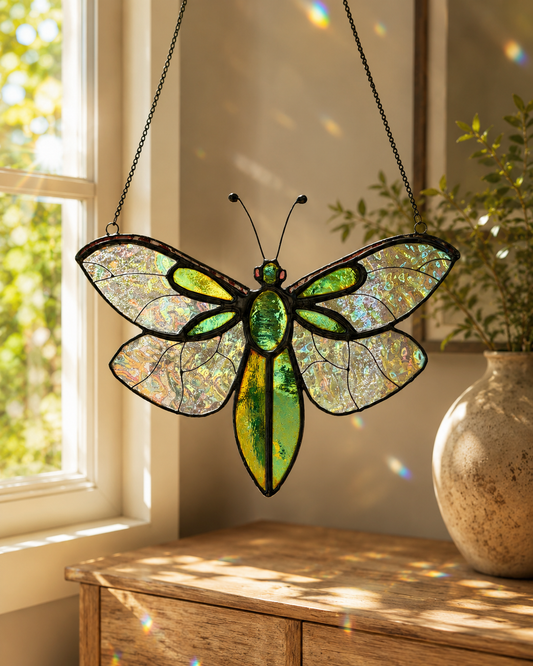 Fly Suncatcher Handmade Stained Glass  Iridescent Green Insect Window Decor