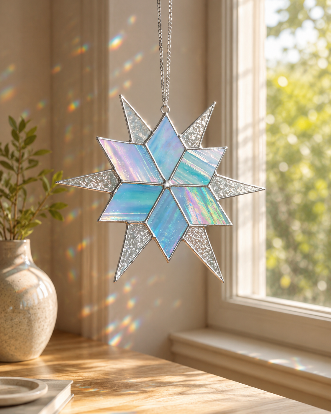 Stained Glass Sirius Star Suncatcher Handmade Ice Iridescent Glass Home Window Decor