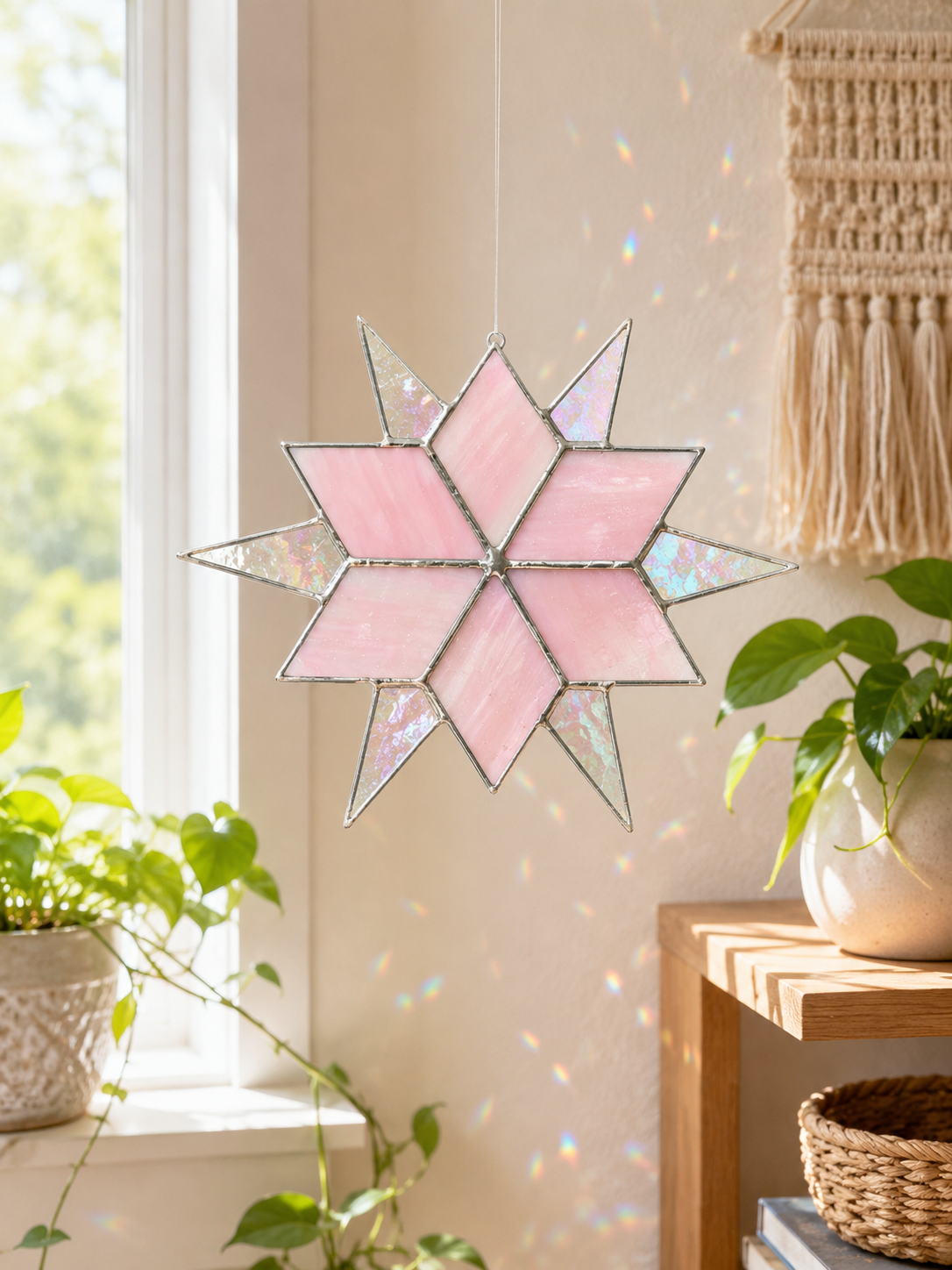 Stained Glass Star Suncatcher, Pink Iridescent Glass Ornament, Home Window Decor
