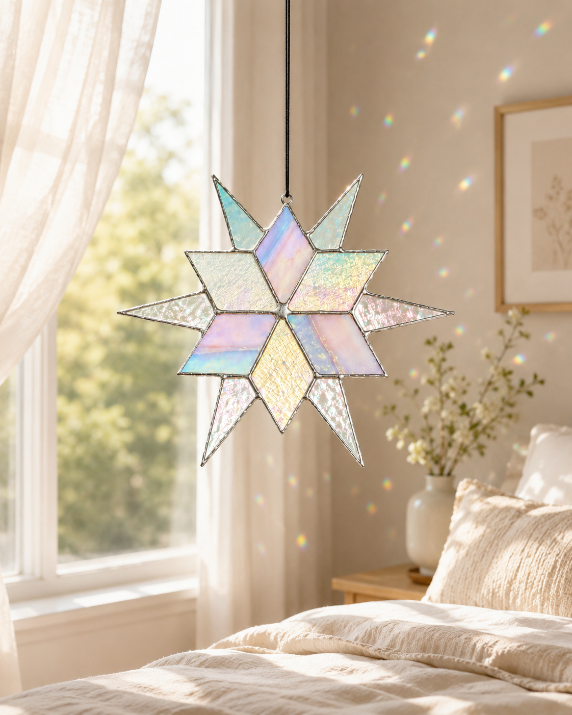 Stained Glass Sirius Star Suncatcher Handmade White and Ice Iridescent Glass Home Window Decor
