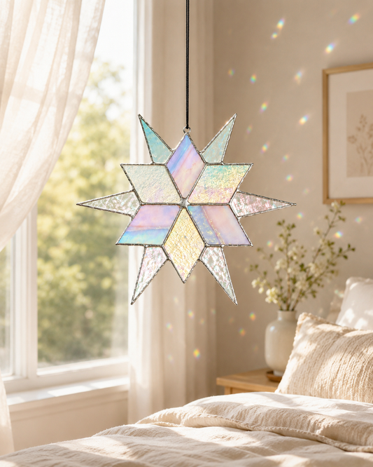 Stained Glass Sirius Star Suncatcher Handmade White and Ice Iridescent Glass Home Window Decor
