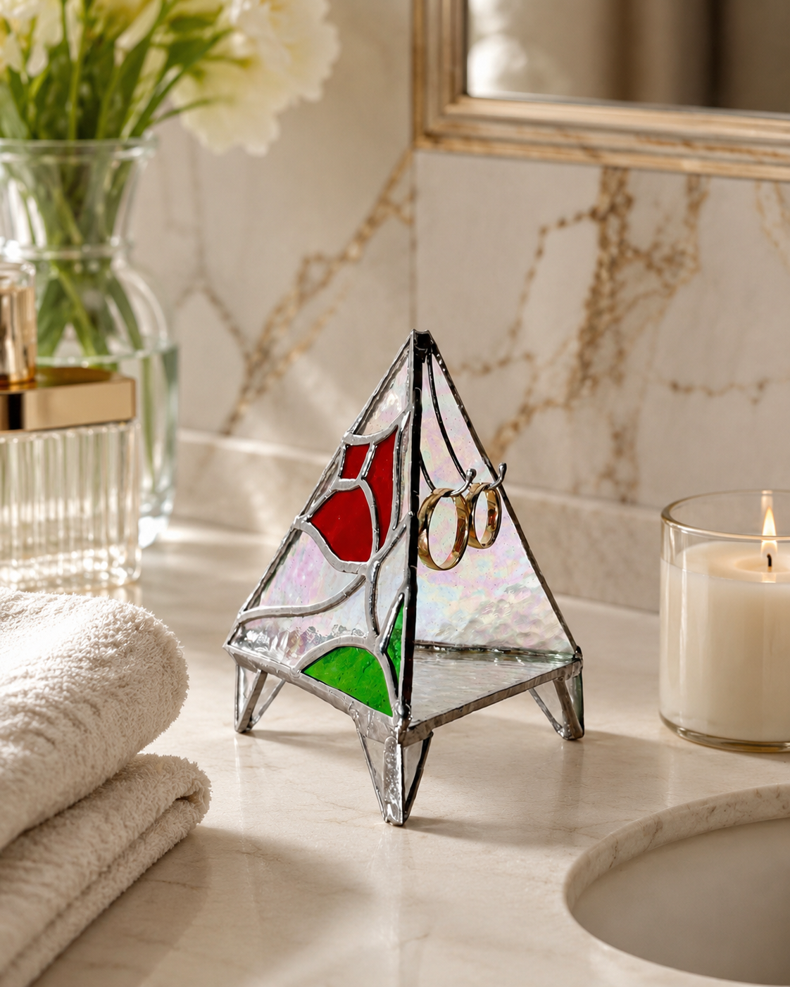 Wedding Ring Holder Stained Glass Dish: Handmade Triangle Wedding Decor