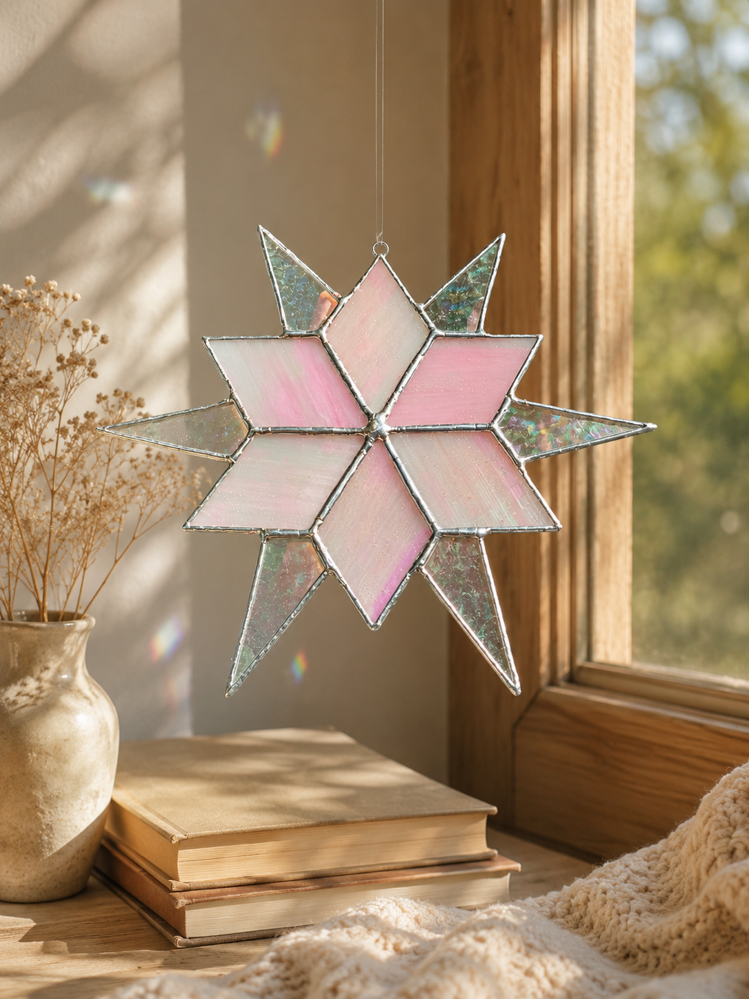 Stained Glass Star Suncatcher, Pink Iridescent Glass Ornament, Home Window Decor