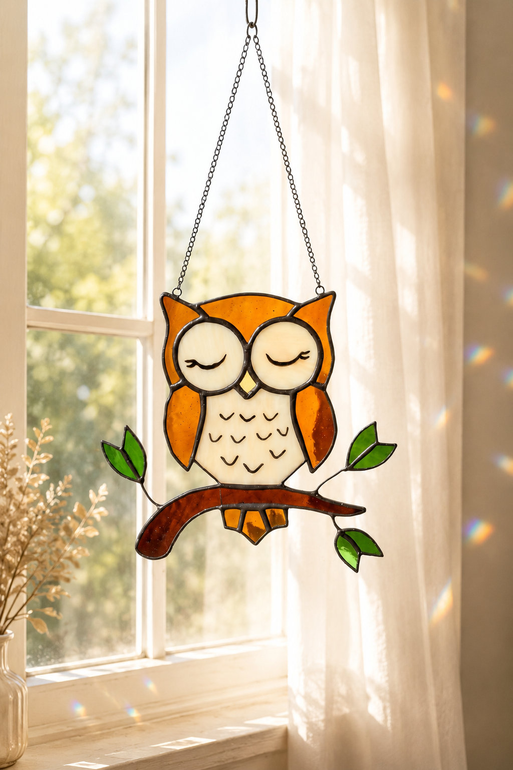Stained Glass Owl Suncatcher: Handmade Window Hanging Home Decor, Christmas Gift