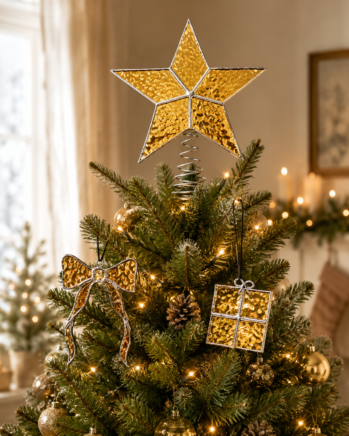Christmas Tree Topper Star Set Stained Glass , 3-Piece Ornaments, Handmade Xmas Decor, Holiday Decorations