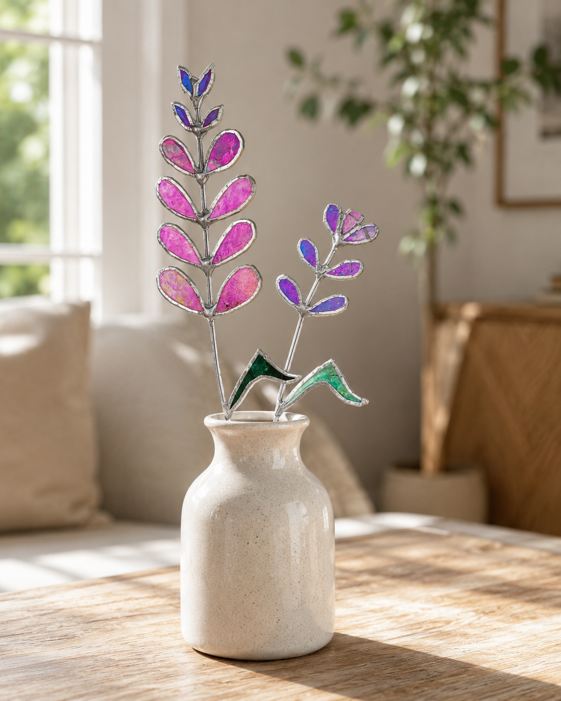 Flower Decor Handmade Stained Glass : Purple & Pink Iridescent Floral Plant Stake